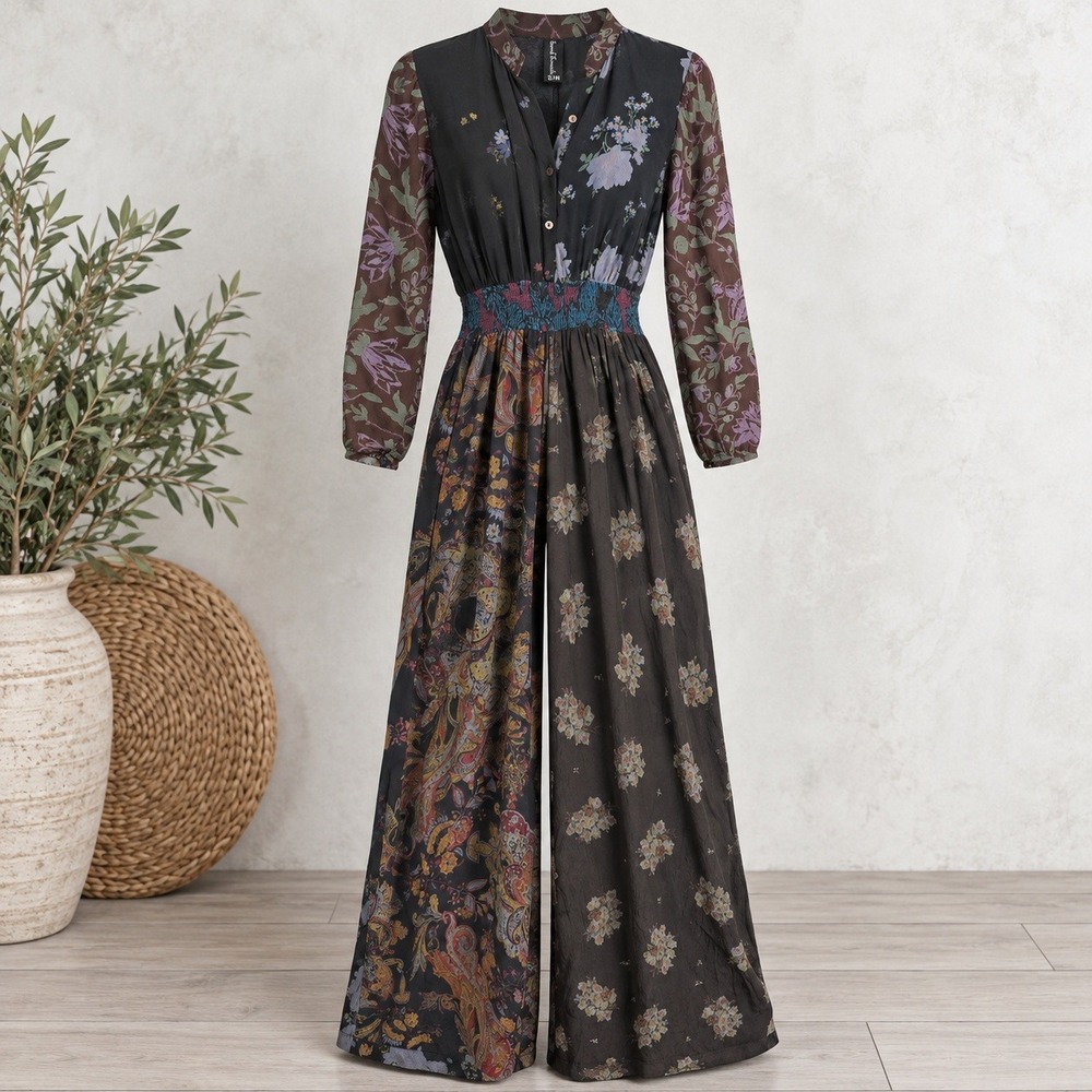 Sacred Threads Jumpsuit SZ S/M Black Floral Paisley Wide Leg Boho Whimsigoth